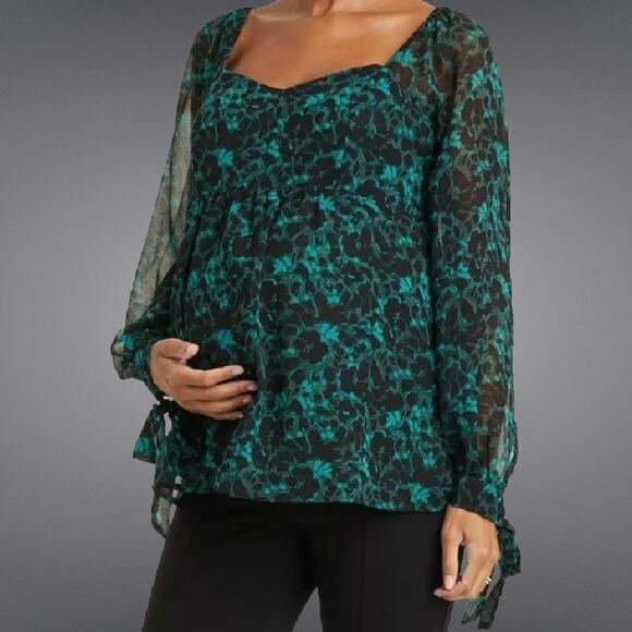 Ingrid+Isabel Maternity Green Black Long Sleeve Whimsical Woven Shirt Small - Picture 2 of 8